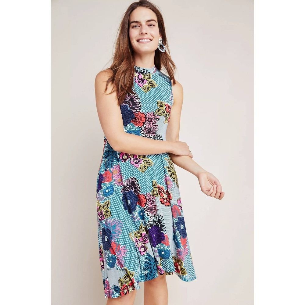 Maeve Anthropologie Floral Mock Neck Cottagecore Dress Cyprus Swing XS Sun Y2K